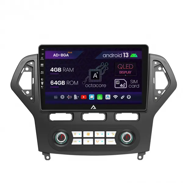Navigatie Ford Mondeo (2007-2010) Clima Automata, Android 13, A-Octacore 4GB RAM + 64GB ROM, 10.1 Inch - AD-BGA10004+AD-BGRKIT127