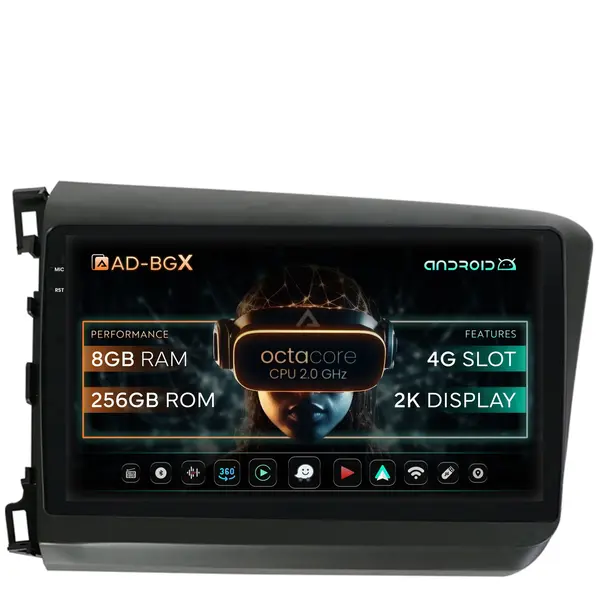 Navigatie Honda Civic (2012-2015), Android, X-Octacore 8GB RAM + 256GB ROM, 9.5 Inch - AD-BGX9008+AD-BGRKIT007