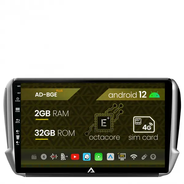 Navigatie Peugeot 208 2008 (2012+), Android 12, E-Octacore 2GB RAM + 32GB ROM, 10.1 Inch - AD-BGE10002+AD-BGRKIT258