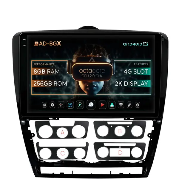 Navigatie Skoda Octavia 2, Android, X-Octacore 8GB RAM + 256GB ROM, 10.36 Inch - AD-BGX10008+AD-BGRKIT048v2