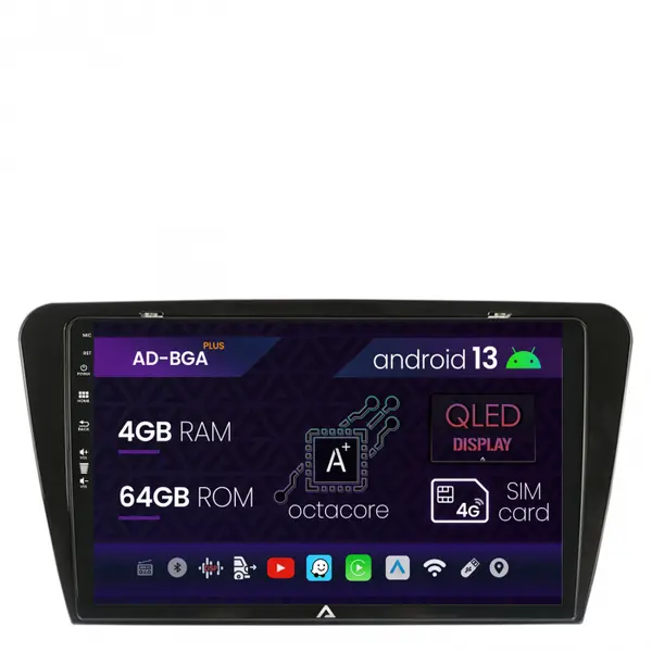 Navigatie Skoda Octavia 3 (2013-2018), Android 13, A-Octacore 4GB RAM + 64GB ROM, 10.1 Inch - AD-BGA10004+AD-BGRKIT026