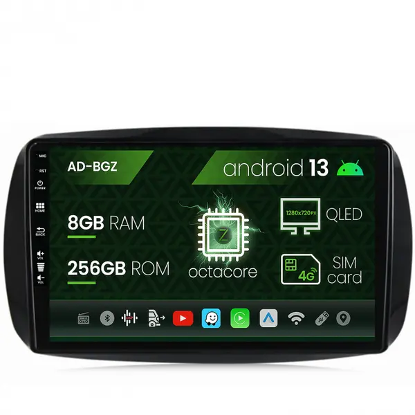 Navigatie Smart For Two (2016-Prezent), Android 13, Z-Octacore 8GB RAM + 256GB ROM, 9 Inch - AD-BGZ9008+AD-BGRKIT412