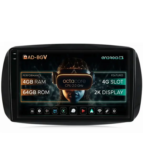 Navigatie Smart For Two (2016-Prezent), Android, V-Octacore 4GB RAM + 64GB ROM, 9.5 Inch - AD-BGV9004+AD-BGRKIT412