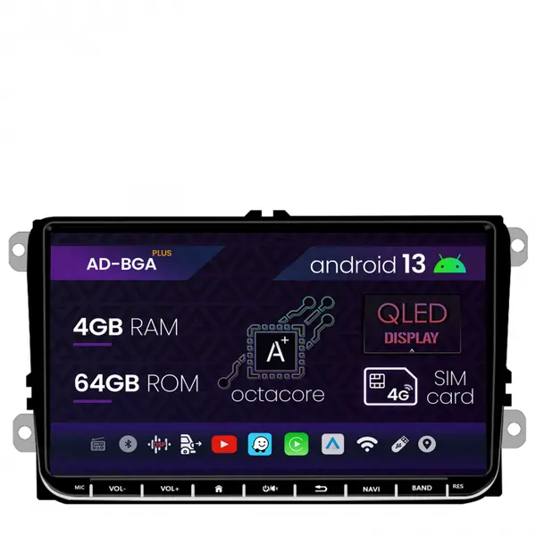 Navigatie Volkswagen, Skoda, Seat, Android 13, A-Octacore 4GB RAM + 64GB ROM, 9 Inch - AD-BGAW9AC