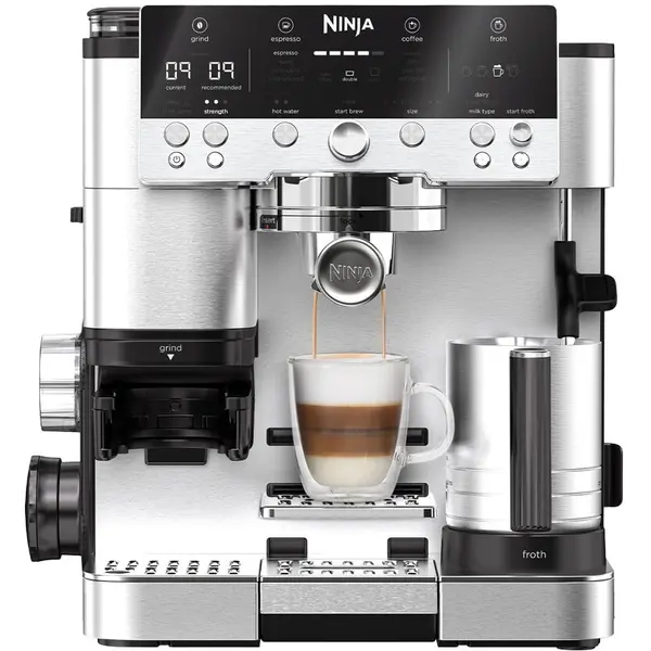 NINJA Espressor semi-automat 3in1 Ninja Luxe Café Premier ES601EU, 1650W, Cold Brew, rasnita incorporata cu 25 trepte de macinare, Barista Assist, cantar incorporat, recipient de spumare cu tel integrat, autocuratare a sistemului de spumare, inox