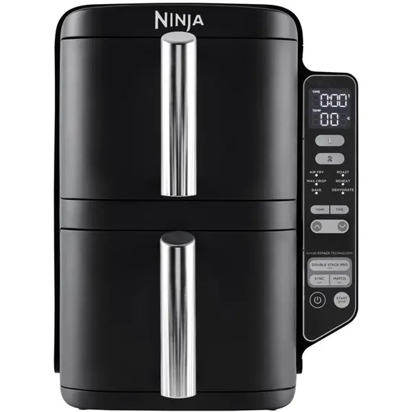 NINJA Friteuza cu aer Ninja Double Stack cu 2 niveluri SL300EU, 2470 wati, 2 cosuri a cate 3,8 litri fiecare, Negru
