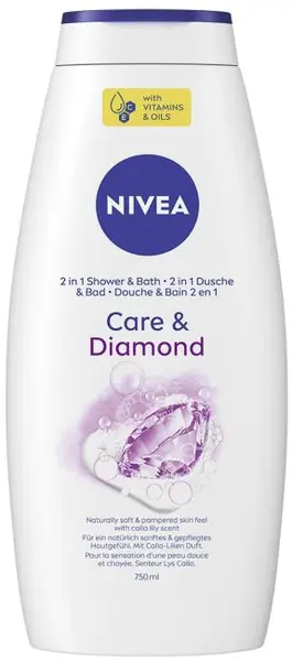 Nivea Gel de duș 2 în 1 și spumă de baie Care & Diamond, 750 ml