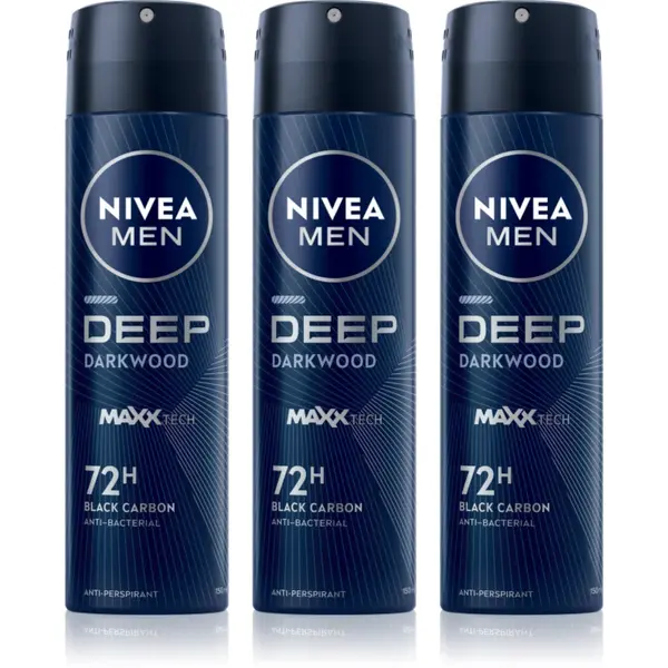 NIVEA MEN Deep Black Carbon Darkwood spray anti-perspirant ambalaj economic pentru bărbați 3 x 150 ml