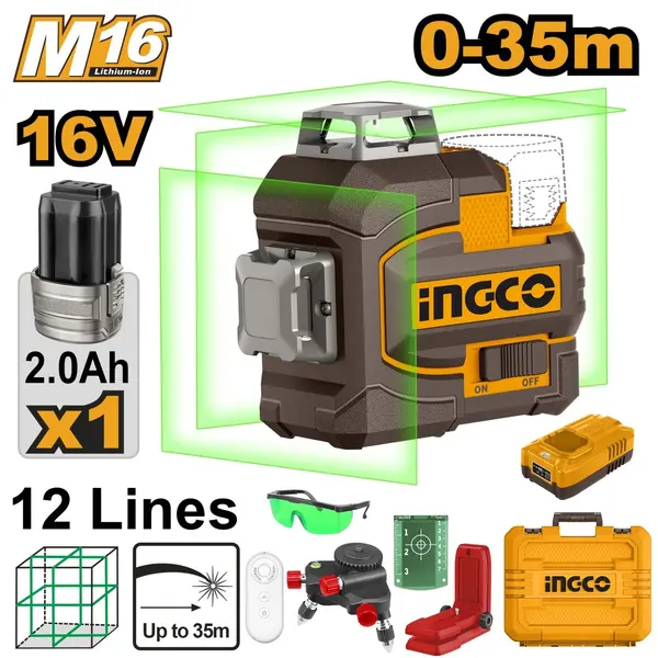 Nivela Laser Profesionala 16V INGCO HLL301201, laser verde 360°, 0-35 m, autonivelare ±4°, precizie ±1.5 mm/7 m, 1H + 2V, acumulator 2.0Ah, telecomanda, accesorii complete