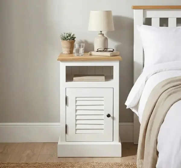 Noptiera cu 1 usa, spatiu deschis, blat stejar, Colectia Shutter cu finisaj Signal White / Chesnut Brown