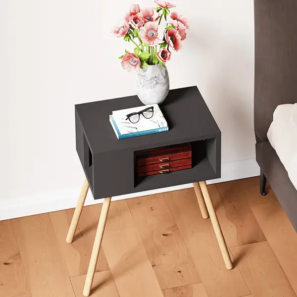 Noptiera cu picioare din lemn si raft deschis, 44 x 29 x 18 cm, stil scandinav modern