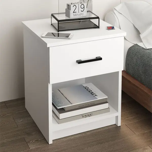 Noptiera cu sertar clasica, noptiera dormitor 44.6 x 44.3 x 54.1 cm, 1 sertar + 1 raft deschis, PAL melaminat 18 mm clasa E1 rezistent, design curat asamblare rapida 15 minute, stil modern minimalist scandinav