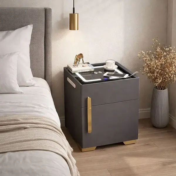 Noptiera cu statie de incarcare, seif ascuns si iluminare LED, Boxe incorporate, reglabila 3 culori pentru dormitor si living