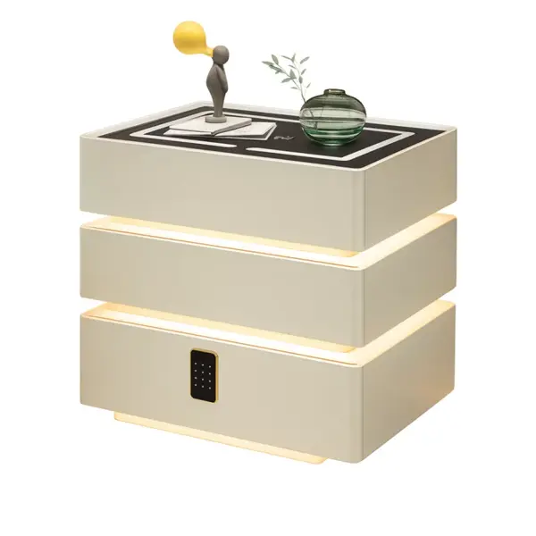 Noptieră inteligentă cu funcții smart și design elegant-iluminare LED ,3 sertare,încărcare wireless 15W,cod lock-WHITE