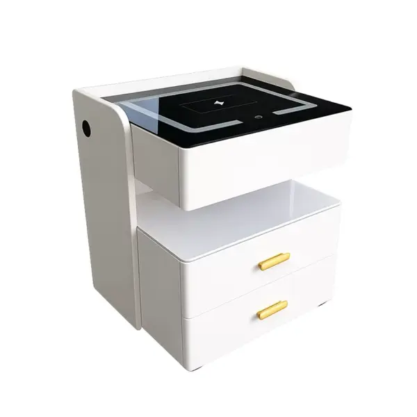 Noptieră inteligentă cu încărcare wireless 15W, iluminare LED cu 3 culori, seif integrat și lumină de noapte cu senzor-culoare alb