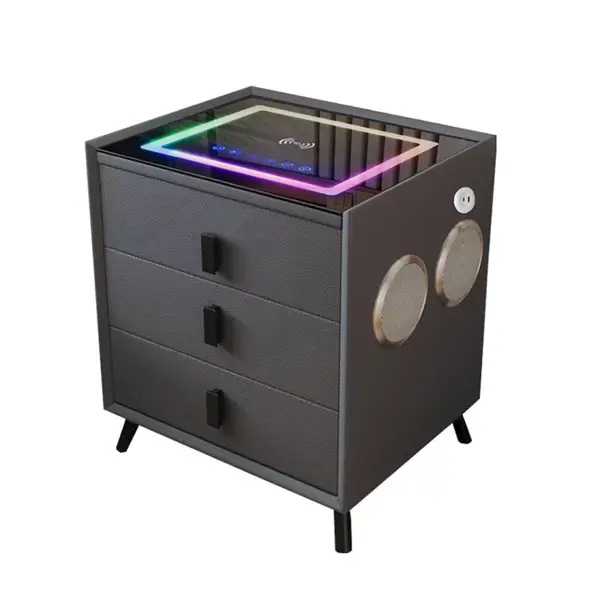 Noptiera inteligenta cu încărcare wireless și iluminare LED –culoare: gri antracit, 3 Sertare de depozitare, difuzor Bluetooth