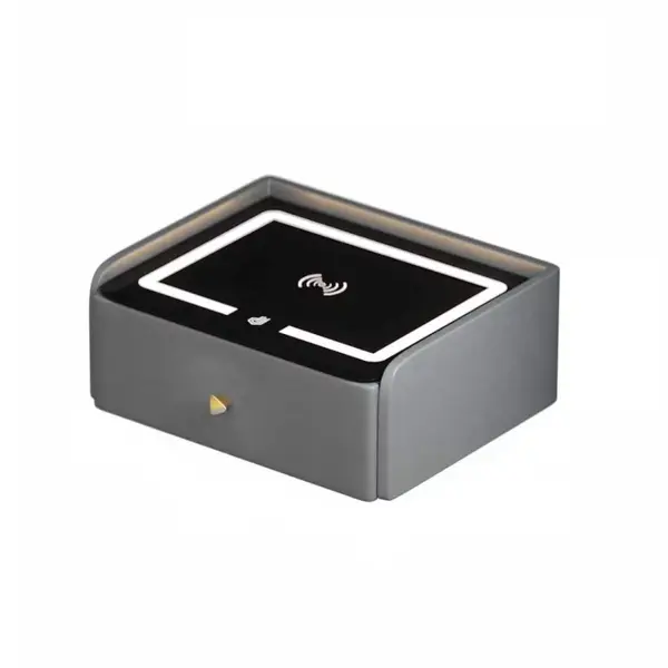 Noptiera inteligenta cu incarcare wireless, iluminare LED, 1 sertar de depozitare, port USB si port Type-C, difuzor Bluetooth de 10W – gri antracit, design modern din sticla si lemn