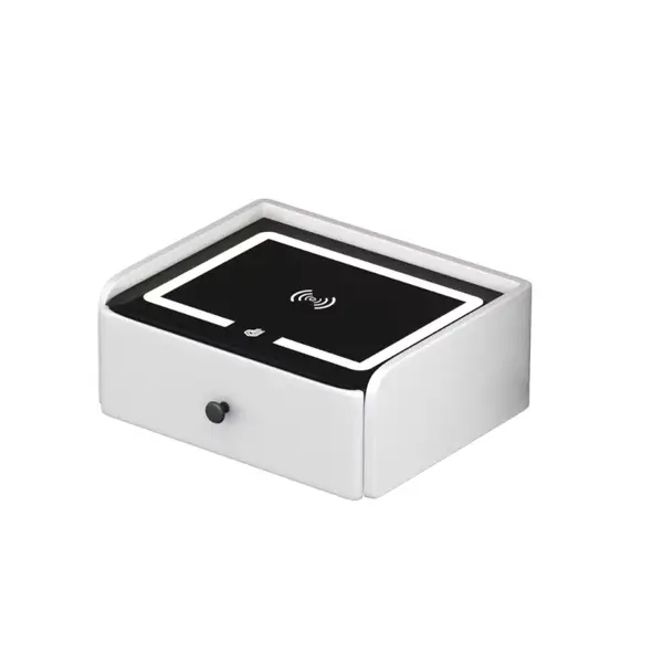 Noptiera inteligenta cu incarcare wireless, iluminare LED, 1 sertar de depozitare, port USB si port Type-C, difuzor Bluetooth de 10W – alba, design modern din sticla si lemn