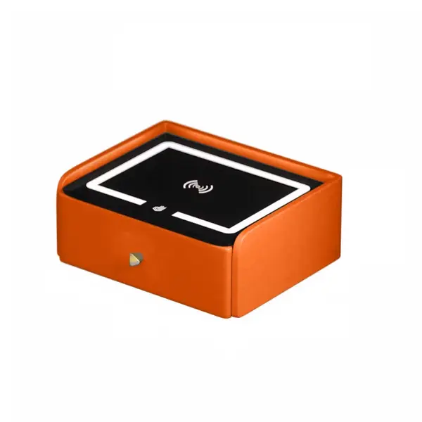 Noptiera inteligenta cu incarcare wireless, iluminare LED, 1 sertar de depozitare, port USB si port Type-C, difuzor Bluetooth de 10W – portocalie, design modern din sticla si lemn