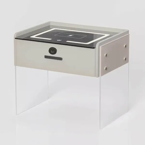 Noptiera inteligenta cu incarcare wireless, iluminare LED, 1 sertar de depozitare, difuzor Bluetooth si inchidere prin amprenta – alba, design modern din sticla si lemn