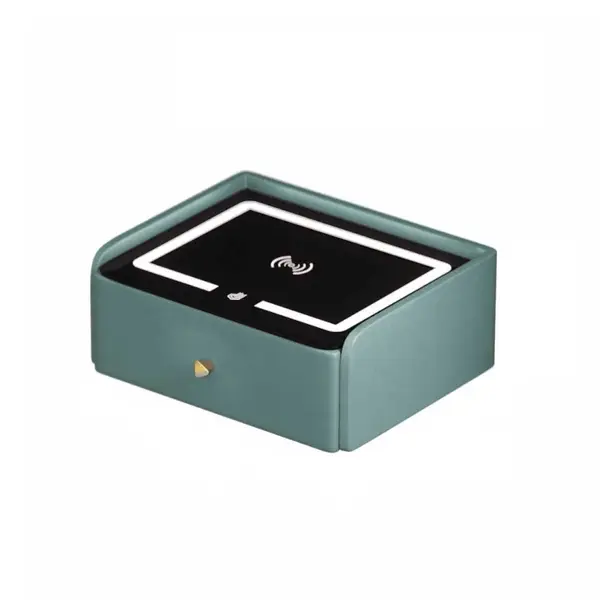Noptiera inteligenta cu incarcare wireless, iluminare LED, 1 sertar de depozitare, port USB si port Type-C, difuzor Bluetooth de 10W – verde, design modern din sticla si lemn