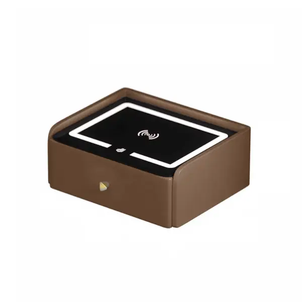 Noptiera inteligenta cu incarcare wireless, iluminare LED, 1 sertar de depozitare – maro, design modern din sticla si lemn