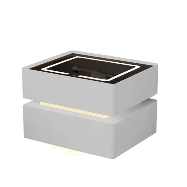 Noptiera inteligenta cu incarcare wireless, iluminare LED, 2 sertare de depozitare – alba, design modern din sticla si lemn