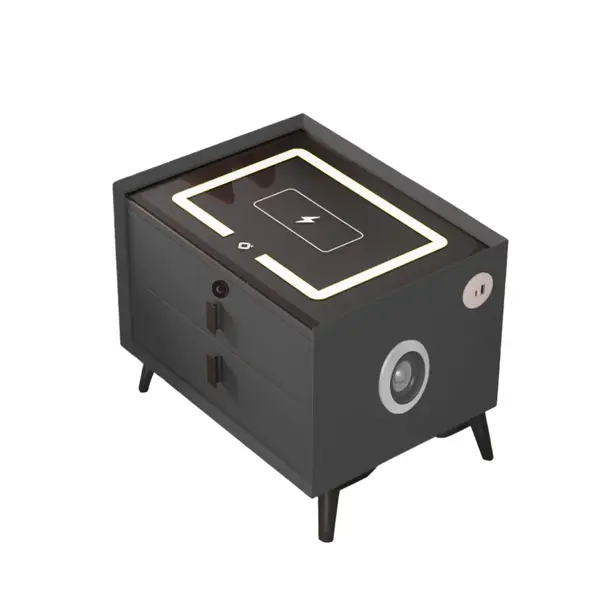 Noptiera inteligenta cu incarcare wireless, iluminare LED, difuzor Bluetooth, port USB si Type-C – culoare gri antracit, 2 sertare, design modern din sticla si lemn