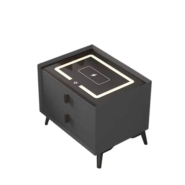 Noptiera inteligenta cu incarcare wireless si iluminare LED &ndash; culoare gri antracit, 2 sertare, design modern din sticla si lemn