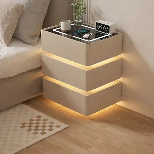 Noptiera inteligenta multifunctionala cu 3 sertare, LED tactil 3 culori, incarcare wireless, difuzor Bluetooth, incarcare USB, blat din sticla securizata,