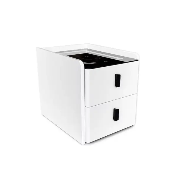 Noptiera inteligenta slim cu incarcare wireless, iluminare LED si 2 sertare &ndash; culoare alb, design modern din sticla si lemn