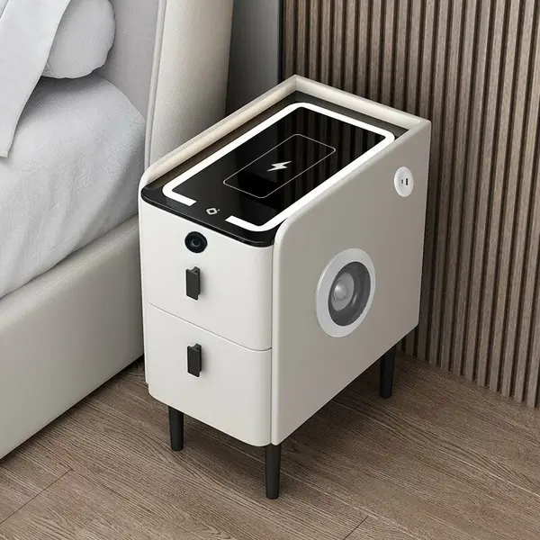 Noptiera inteligenta slim cu incarcare wireless, iluminare LED, difuzor Bluetooth, port USB & Type-C si sistem cu amprenta – culoare alb, 2 sertare, design modern din sticla si lemn