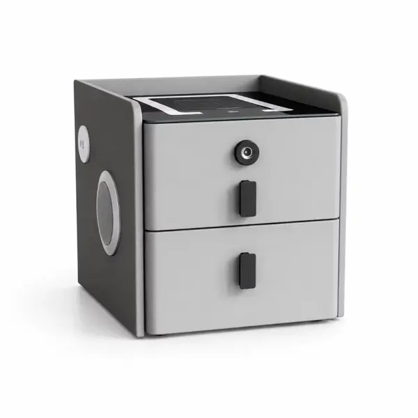 Noptiera inteligenta slim cu incarcare wireless, iluminare LED, difuzor Bluetooth, port USB & Type-C si sistem cu amprenta – culoare gri antracit, 2 sertare, design modern din sticla si lemn