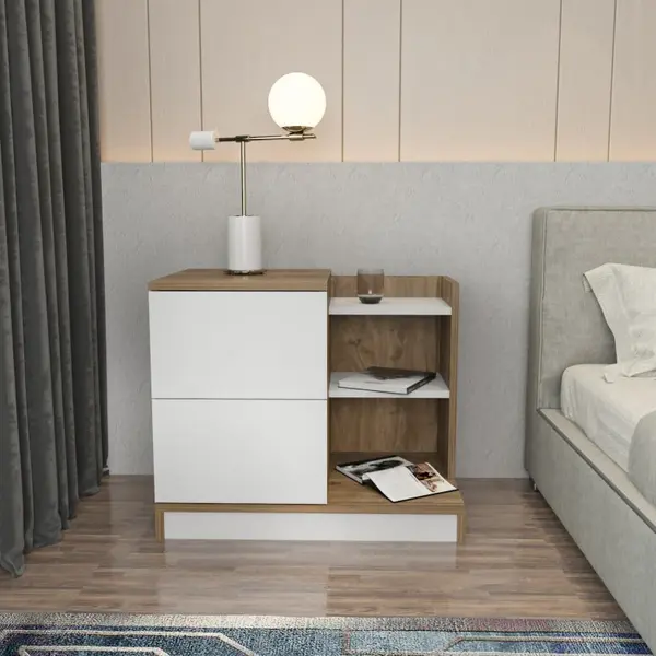 Noptiera Rena - Alb, Walnut