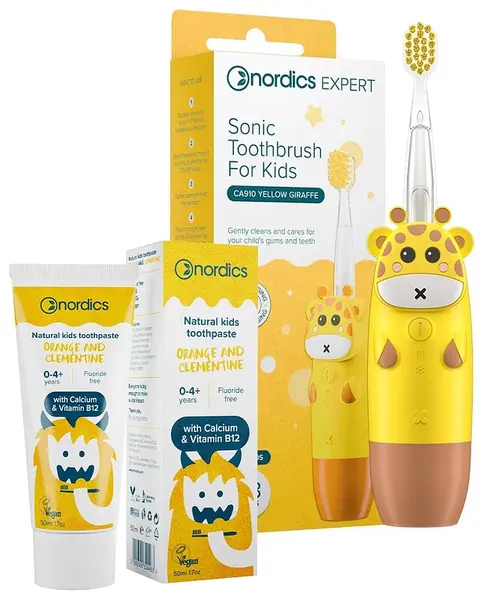 Nordics Set - Periuță de dinți electrică sonică pentru copii Girafă, galbenă + pastă de dinți pentru copii, 50 ml