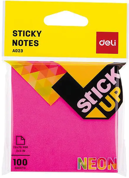 Note lipicioase Deli - 76 x 76 mm, 100 foi, neon, roz