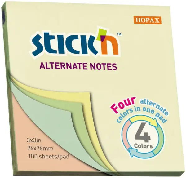 Notite adezive Stick'n - Alternate, 76 x 76 mm, 4 culori neon, 100 file