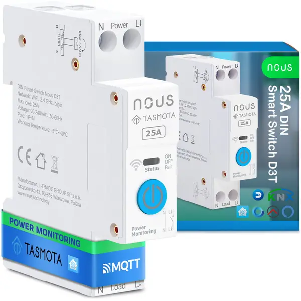 Nous Siguranta inteligenta Nous D3T, 25A, Tasmota, 1 canal, Monitorizare energie, montare pe sina DIN, ESP32
