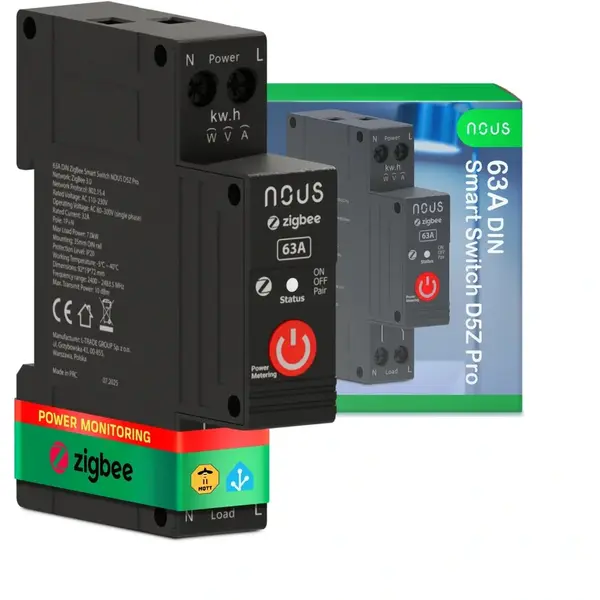 Nous Siguranta Inteligenta Nous D5Z Pro, 32A Continuu, 63A Varf Scurt, Zigbee 3.0, 1 canal, Masurare Energie (W, kWh, V, A), montare pe sina DIN, Negru