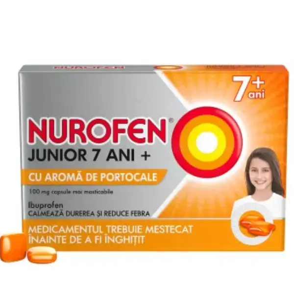 Nurofen Junior 100 mg cu portocale 7 ani+, Reckitt Benckiser | 12 capsule masticabile