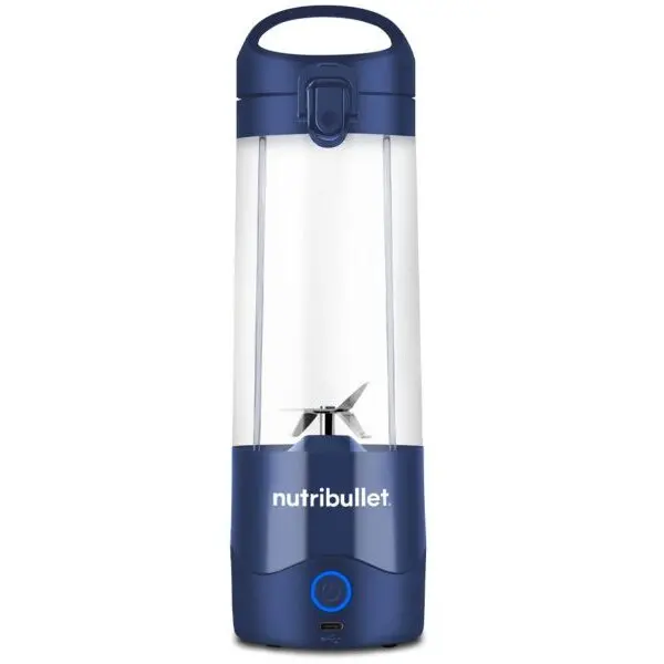 NUTRIBULLET Blender voiaj Nutribullet Portabil, Baza motor portabila cu lame de otel, Capac cu maner, Cana 475ml, USB-C,Albastru