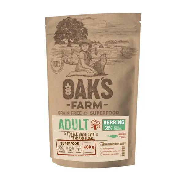 OAK'S FARM, Hering, hrană uscată fără cereale pisici, 2kg