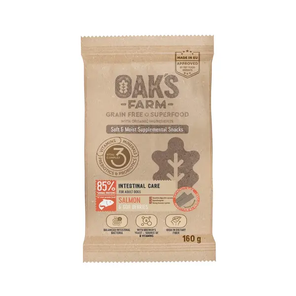 OAK'S FARM Intestinal Care, Somon, punguță recompense funcționale fără cereale câini, sistem digestiv, 160g