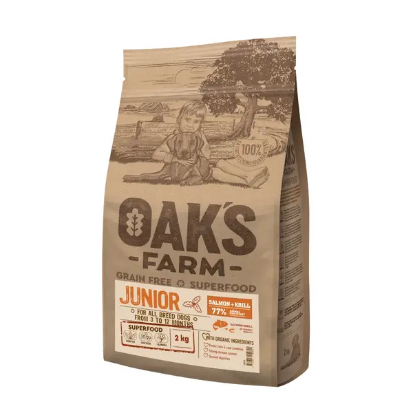 OAK'S FARM Junior, XS-XL, Somon, hrană uscată fără cereale câini junior, 12kg