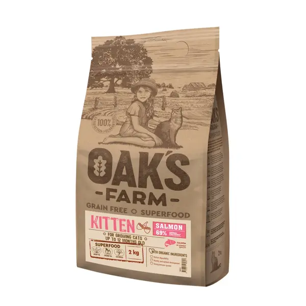 OAK'S FARM Kitten, Somon, hrană uscată fără cereale pisici junior, 400g