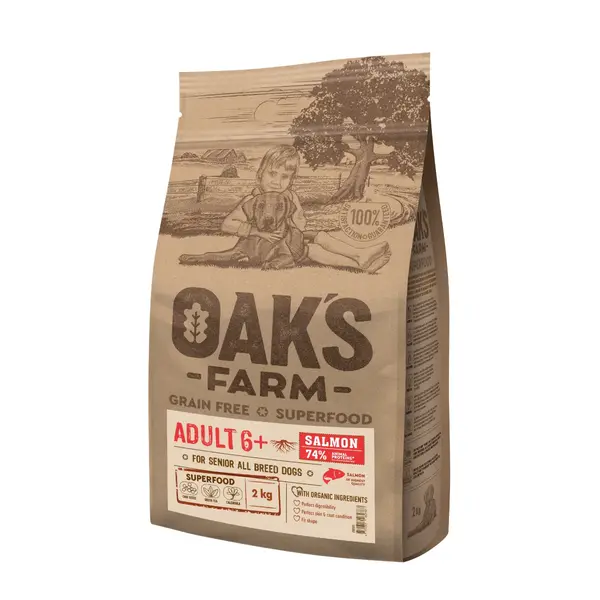 OAK'S FARM Senior 6+, XS-XL, Somon, hrană uscată fără cereale câini senior, 2kg
