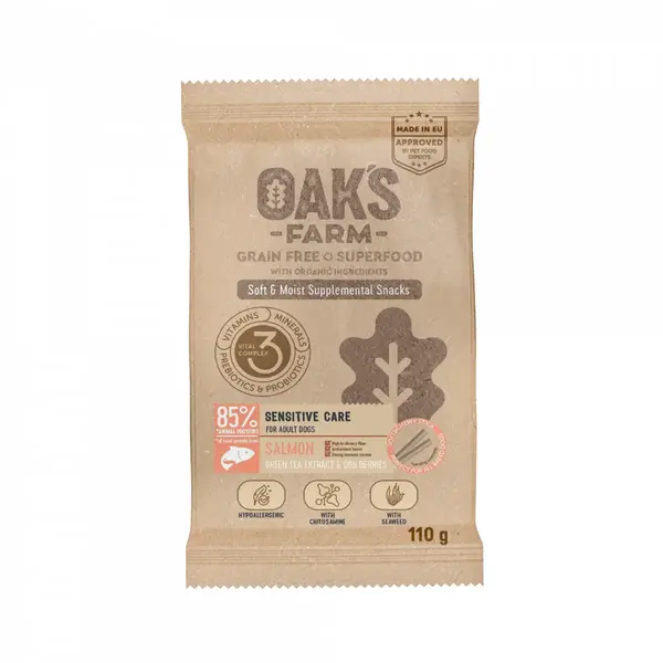 OAK'S FARM Sensitive Care, Somon, punguță recompense funcționale fără cereale câini, alergii, 110g