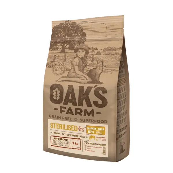 OAK'S FARM Sterilised, Somon, hrană uscată fără cereale pisici sterilizate, obezitate, 2kg