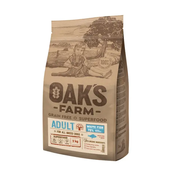OAK'S FARM, XS-XL, Pește alb, hrană uscată fără cereale câini, 2kg