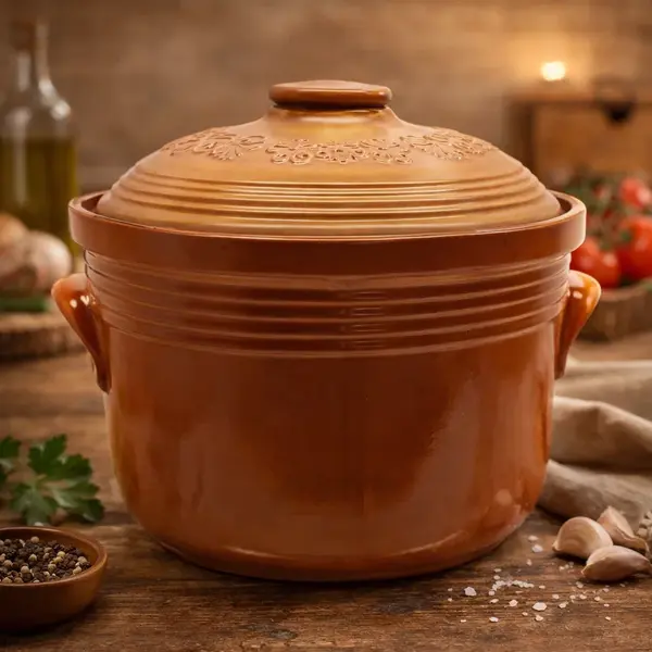 Oala Ceramica pentru Sarmale si Fripturi, Glazurata, Rotunda, 7 Litri Maro